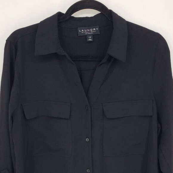 3/$25 Laundry by Shelli Segal Button Down Camp Shirt Top L Womens Collared Black - Picture 4 of 8